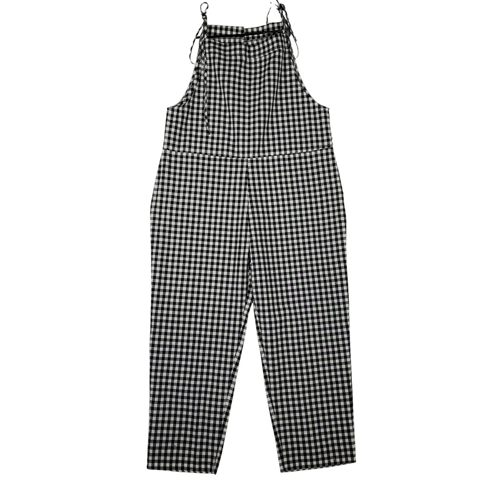 Black White Gingham Check Bib Front Jumpsuit Adjustable Tie Straps Pockets